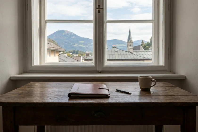 Schreibtisch mit Mappe und Kaffeetasse vor einem Fenster
