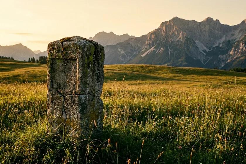 Alter Grenzstein auf einer Almwiese im Abendlicht